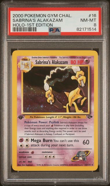 PSA 8 Near Mint - 2000 Pokemon Gym Challenge Sabrina's Alakazam Holo 1st Ed #16