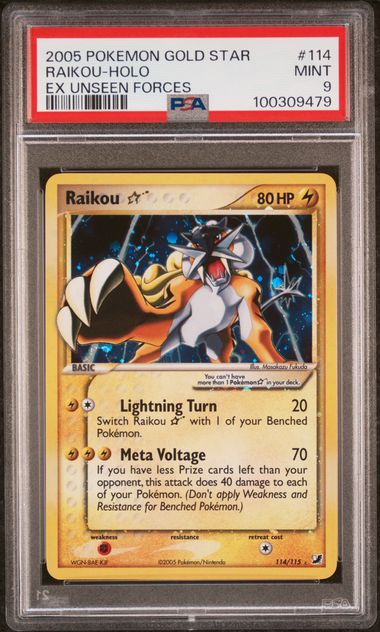 [Tradable] PSA 9 Mint - 2005 Pokemon EX Unseen Forces Raikou Gold Star #114