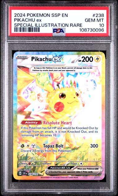 [Auksjon] PSA 10 Gem Mint – 2024 Pokemon Surging Sparks Pikachu ex Special Illustration Rare #238