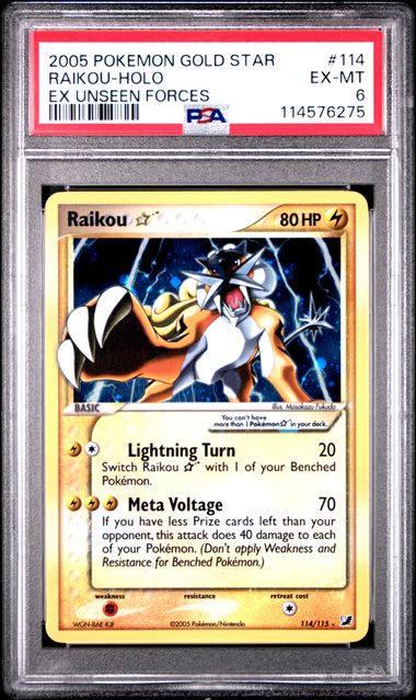PSA 6 Excellent - 2005 Pokemon EX Unseen Forces Raikou Gold Star #114